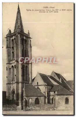Creil Bilhete postal antigo Igreja de construção estranha Torre do 14º