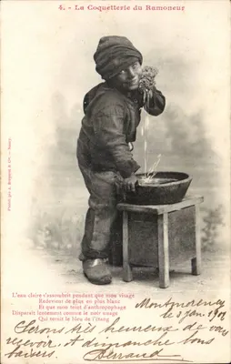 Criança lavando um pote — A Coqueteria do Lavadouro — Fototipia A. Bergeret & Cie, Nancy, n°4