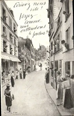 Mulheres esperando o carteiro — cena de rua — Visé à Paris, N°860, reprodução litográfica