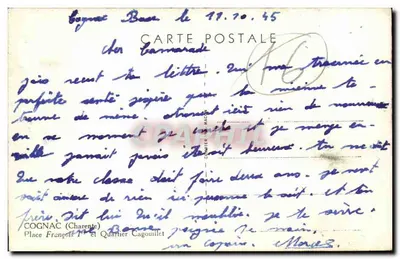 Cognac — Praça François Ier e Bairro Cagouillet — Carta postal da casa Carnac — Verso