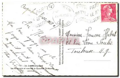 Os Rempartes e vista sobre o Quartier St-Martin — Angoulême — Edições Charentais d'Art A. GILBERT — Verso