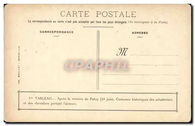 Patay — Após a vitória de Patay (29 de junho). Trajes históricos dos arqueiros e cavaleiros usando armadura — IMP. MOULLOT - MARSEILLE — Verso