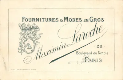 Paris 11 - Boulevard du Temple - Maxinin Laroche - Fournitures et Modes en Gros - Bilhete postal antigo