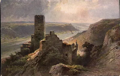 Burg Gutenfels — ruines sur falaise au-dessus du Rhin — éditeur Artulli-Karten von Rüdla, n° 118