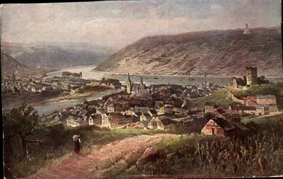 Bingen — vista do Reno e do castelo — editor H. H. No. 107