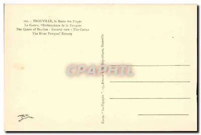 TROUVILLE, a Rainha das Praias — O Casino, a Embocadura da Touques — Editor: Cartes "La Gigogne", 25 Avenue de la République, Deauville — Verso