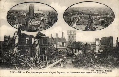 Béthune — Vista panorâmica antes e depois da guerra — Ed. Fauchois, Béthune