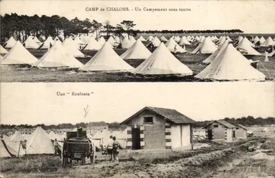Campo de Chalons - Um acampamento sob tendas — Uma "Roulante" — Charte, Montsichon (Bilhete postal moderno)