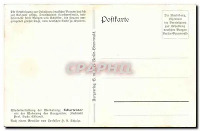 La Marksburg — rekonstrukcja portalu rezydencji hrabiego twierdzy — wydawca Burgverlag Berlin-Grünwald — Rewers