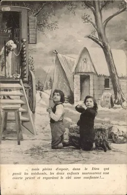 Two Children Praying in the Snow — Religious Illustration — Publisher Not Visible