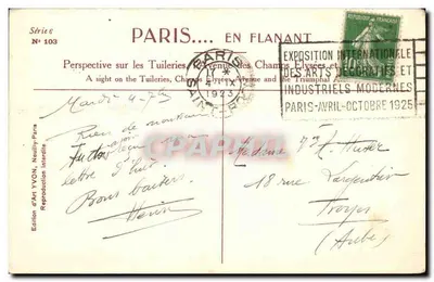 Paryż... w spacerze — Perspektywa na Tuileries, Aleje Champs-Élysées i Arc de Triomphe — Wydawnictwo Art YVON, seria 6 nr 103 — Rewers