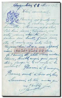 Żołnierz w mundurze niebieskim — z karabinem maszynowym — kartka pocztowa datowana 28 marca 1915 — Rewers