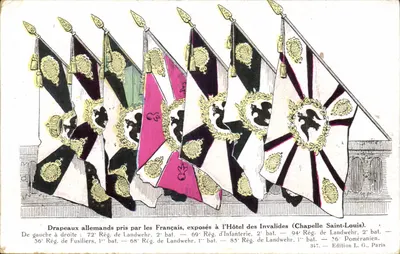 Bandeiras alemãs capturadas pelos franceses — expostas no Hotel dos Inválidos (Capela de São Luís) — Edição L.G., Paris, n°347