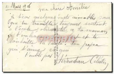Niños en uniforme — escena amorosa con Cupido — editor G. Birmann, París — Reverso