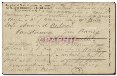 Le général Gouraud passant en revue les troupes françaises à Strasbourg — 22 novembre 1918 — Maison d'édition DART alsacien, Strasbourg, rue Gustave Doré — Verso
