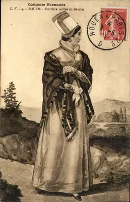 Trajes Normandos — Mulher vestida com o Bavolier — C.V.-4 — Rouen