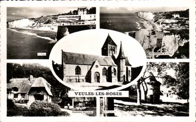 Veules-les-Roses — Vista geral da praia, a igreja Saint-Martin, casebres normandos e o pombal — Éditions Gaby