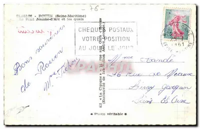 Most Jeanne-d'Arc w Rouen — widok z kranem i katedrą — wyd. La Cigogne — Rewers