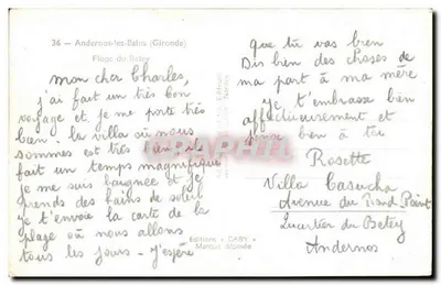 Praia de Andernos-les-Bains — vista dos pinheiros — editor Gaby, n°36 — Verso