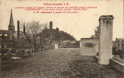 Telhado-terraço em G. — A. W. Andernach em Anvin (Pas-de-Calais) — propaganda para cimento vulcânico e cartão bituminado petrificado «ASFALTINA»