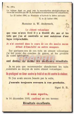 Telhado-terraço em G. — A. W. Andernach em Anvin (Pas-de-Calais) — propaganda para cimento vulcânico e cartão bituminado petrificado «ASFALTINA» — Verso