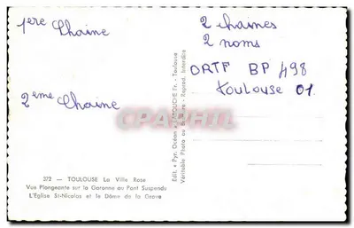 Toulouse — Vista dall'alto sulla Garonne, il ponte sospeso, la chiesa di San Nicola e il domo di La Grave — Editore Océan à L'AROUCHE — Verso