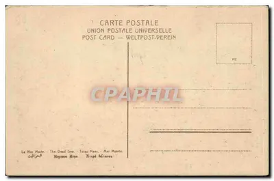 Morze Martwe — Widok z brzegu z mężczyzną i osłem — Union Postale Universelle — Rewers