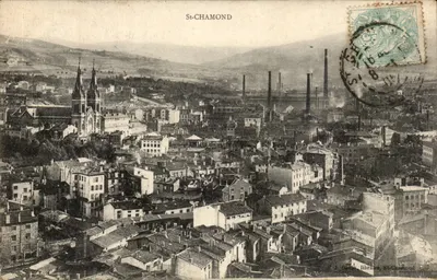 St-Chamond — vista aérea da cidade com igreja e fábricas — J. Béch, livreiro, St-Chamond