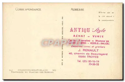 Przejazd po lodowcu Bosson — Chamonix-Mont-Blanc — wydawca J. Renault, n°247 — Rewers