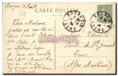 Bourgoin Bilhete postal antigo Rue de l'hotel de ville — Verso
