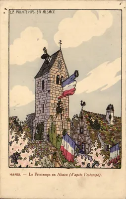 Bilhete postal antigo Fantasia Ilustrador Hansi A primavera na Alsácia