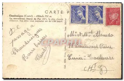 Chaudes-Aigues (Cantal) — Fonte do Par — editor 'Imp. Coll. Mile Gros, talabac' — Verso