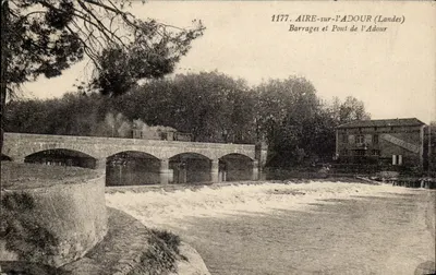 AIRE-sur-PADOUR (Landes) — Barragens e Ponte do Adour — editor Bromotype Gauvreau (Girondes), n° 1177