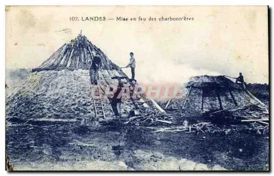 Bilhete postal antigo Landes Incêndio das carvoeiros