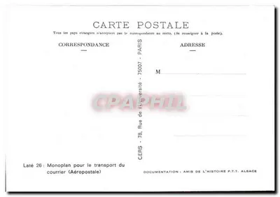 Samolot pocztowy Laté 26 — seria N° 52 — Wydawca CERS, Paryż — Rewers