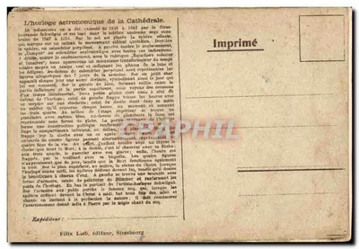 Relógio astronômico da Catedral — Strasbourg — Imprimé par Félix Lübb, editor, Strasbourg — Verso