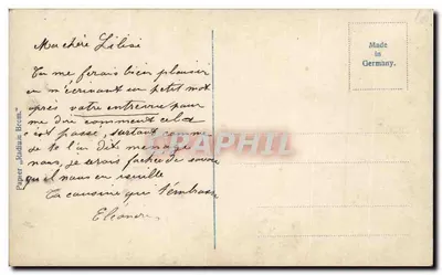 Młoda kobieta pisząca przy stole — z pieczątką 10c czerwoną — wydawca R 4371-1 — Rewers