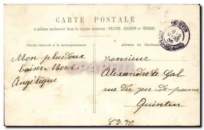 Mulher em vestido branco e véu — diante de uma árvore florida — editor GILLET — Verso