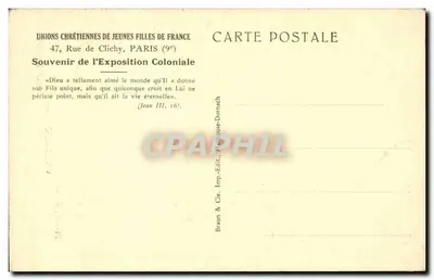 Kobieta w stroju starożytnym trzymająca miskę — Czystość — Wyznania — Posłuszeństwo — Wydawca Braun & Cie, Paryż — Rewers