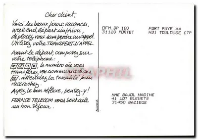 Transferência de Chamada — propaganda da France Télécom — editor OFM BP 100 Portet — Verso