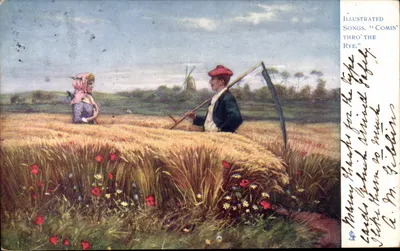Cena de colheita — 'Comin' Thro' the Rye' — Illustrated Songs, série 'Raphael Tuck & Sons'