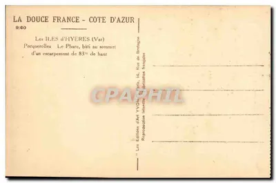 Porquerolles — O Farol, construído no topo de um penhasco de 83 metros de altura — Éditions d'Art YVON, Paris — Verso