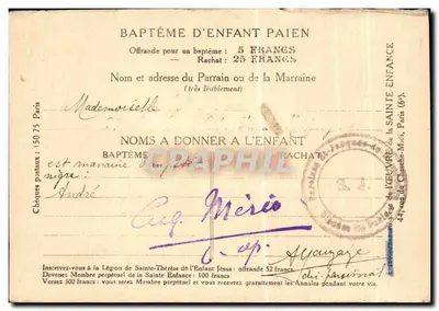 Stara pocztówka Oeuvre pontificale de la Sainte Enfance Cherche midi Paris Asie Pekin Dzieci (Chiny Chiny) — Rewers