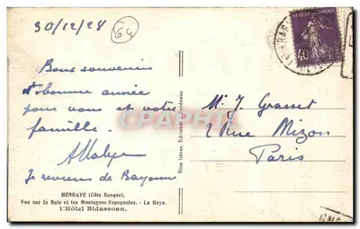 Widok na zatokę i szczyty hiszpańskie — Hotel Bidassoen — Hendaye (Côte Basque) — Rewers