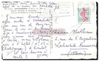 Widok na hotele i Puy de Dôme — La Cigogne, wydawca Châtelguyon — Rewers