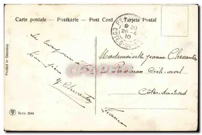Dos jóvenes chicas con un cesto de flores — Amberes, 25 de abril de 1910 — Serie 2944, impresa en Alemania — Reverso