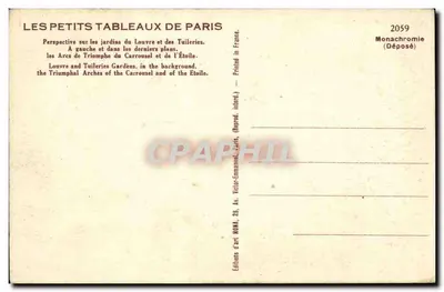 Widok ogrodów Louwru i Tuileries — Arcydworze Carrousel i Étoile — wyd. Mona, nr 2059 — Rewers