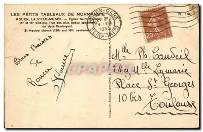 Rouen, Igreja de São Maclou — Os Pequenos Quadros da Normandia — editor Mong, N. 140 — Verso
