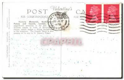 Pamiątka Wiktorynki, Pałac Buckinghama i Strażnicy, Londyn — Valentine's Postcard & Sons Ltd. n° T.II — Rewers