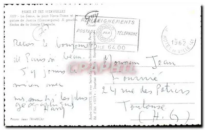 Paris - Ponte Notre-Dame e Palácio da Justiça — Ed. André LECOUNTÉ, n° 1039 — Verso